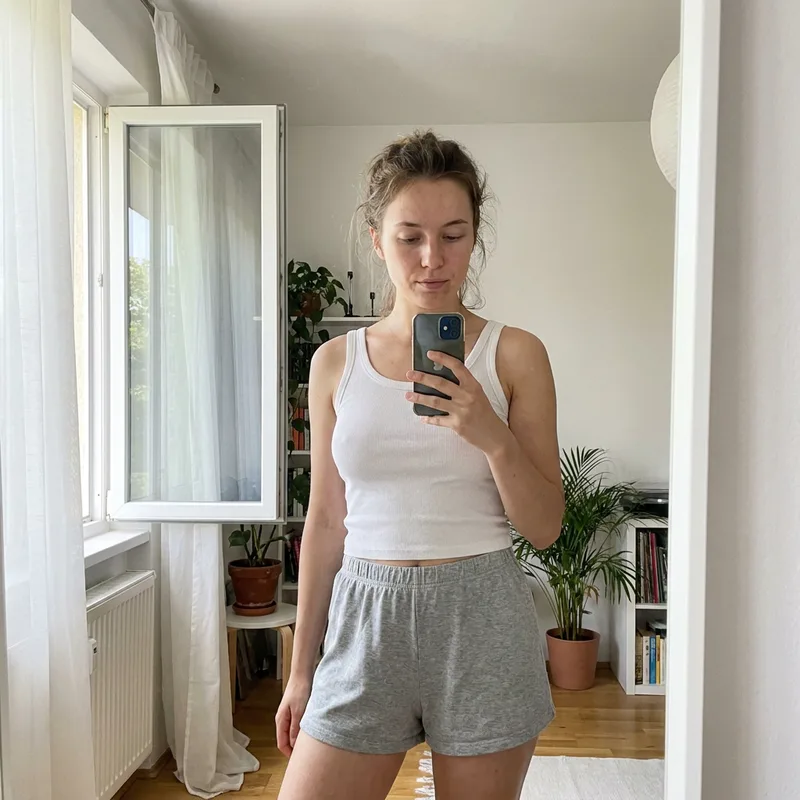 Woman in a plain white tank top and grey shorts before virtual try on